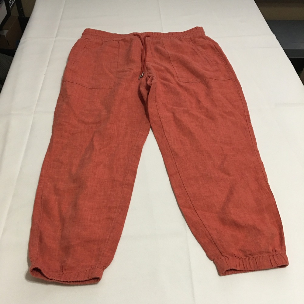 Athleta Linen Joggers Pants Womens Size 12 Petite Coral Drawstring Elastic Cuff